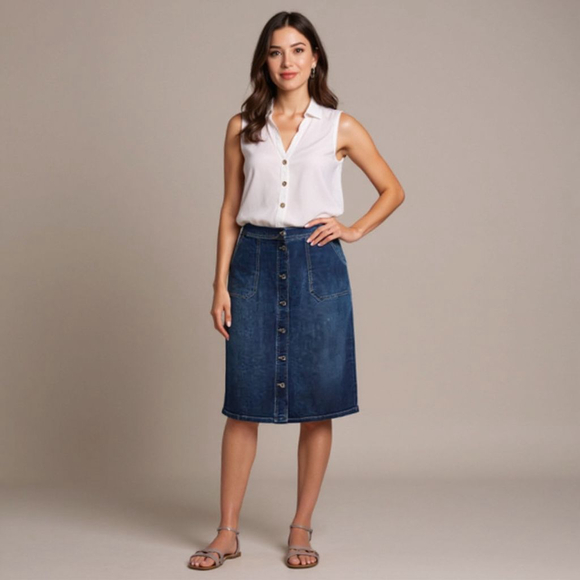 Liz Claiborne 12 Bonito Romance Royal Wash Dark Blue Denim Below Knee Skirt - Picture 1 of 7